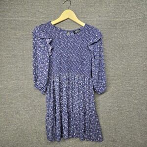 Angie Blue Floral Smocked Mini Dress Ruffle Shoulder Boho 3/4 Sleeve Size M